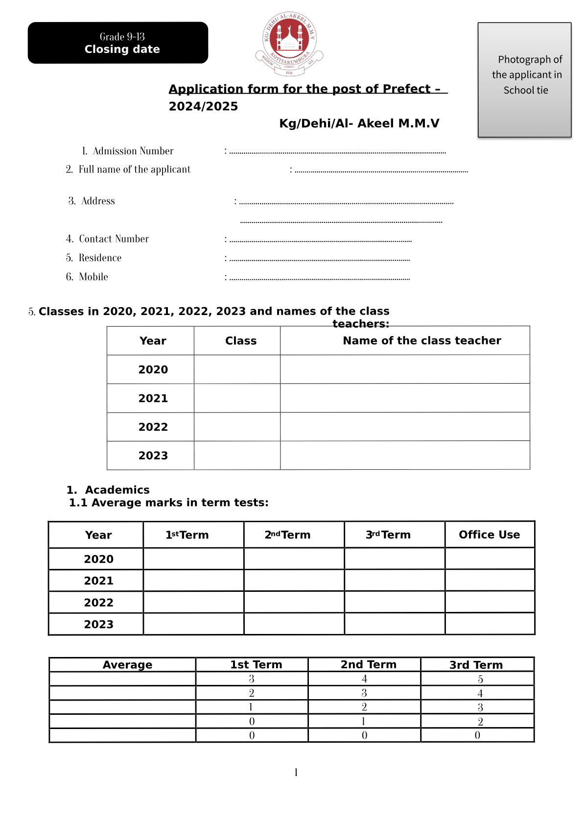 Application form for the post of Prefect